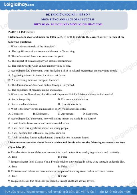 Đề thi giữa kì 1 Tiếng Anh 12 Global Success - Đề số 7